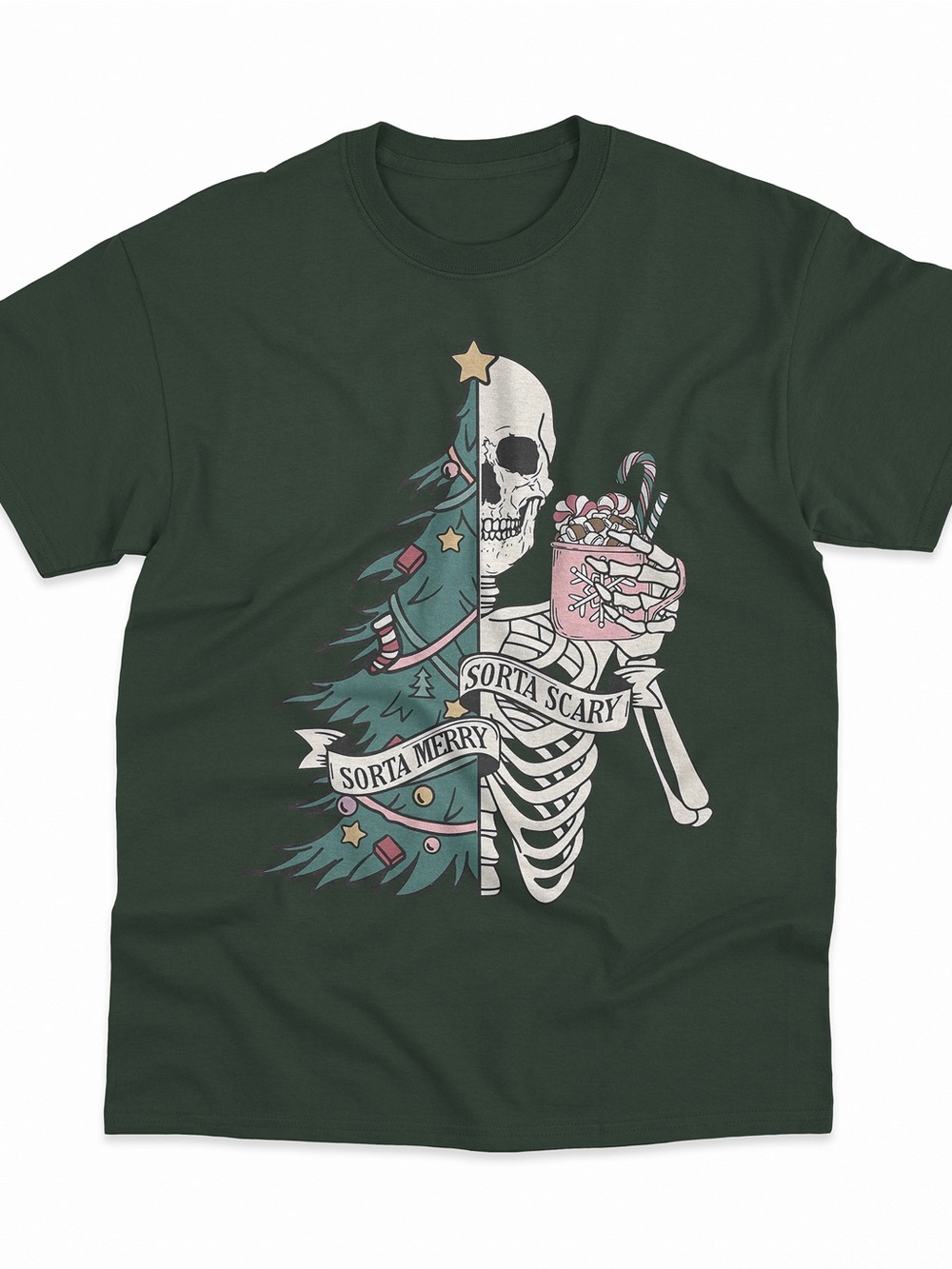 Sorta Merry Sorta Scary Skeleton Christmas, Funny Holiday Tee Forest Green